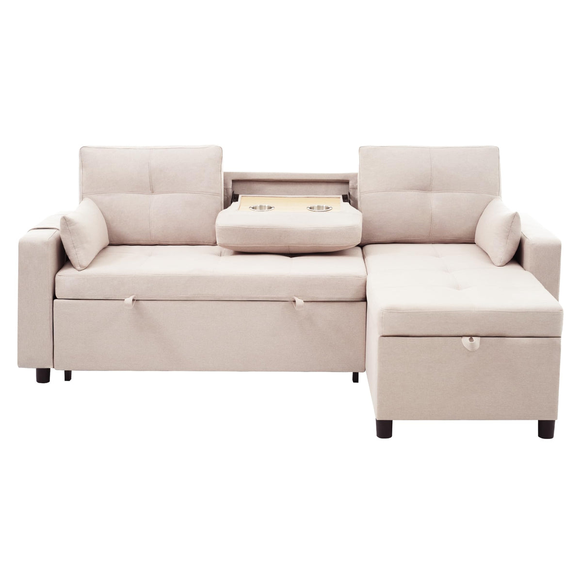Sofá esquinero extensible en forma de L con puerto USB y portavasos, sofá cama de 4 plazas con función cama, sofá convertible con espacio de almacenamiento y reposabrazos, cojines, chenilla