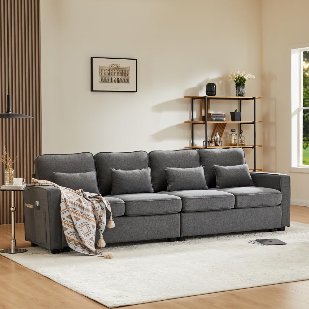 Lubvtti Sofá moderno de 4 plazas con bolsillos para reposabrazos y 4 cojines, con consola, 2 portavasos y 2 enchufes USB, de lino, adecuado para muchas ocasiones (Dark Gris+USB)