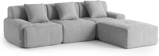 Sofá Modular 3 plazas con Chaise Longue, tapizado en Chenilla, Fundas de Cojines desenfundables (Gris Mineral, 3 plazas con Chaise Longue)