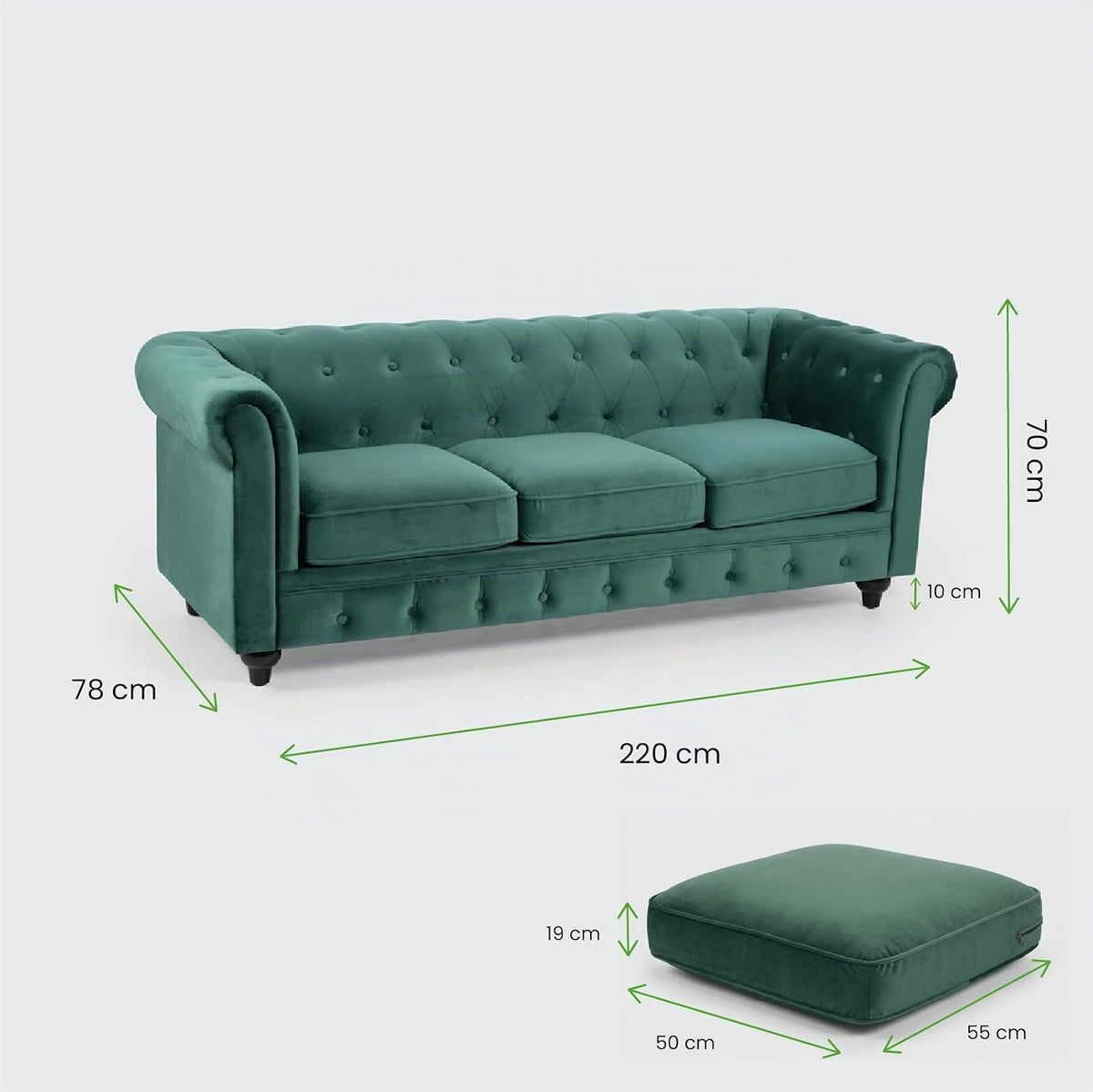 Sofá Chesterfield 3 Plazas | Terciopelo Verde Vintage