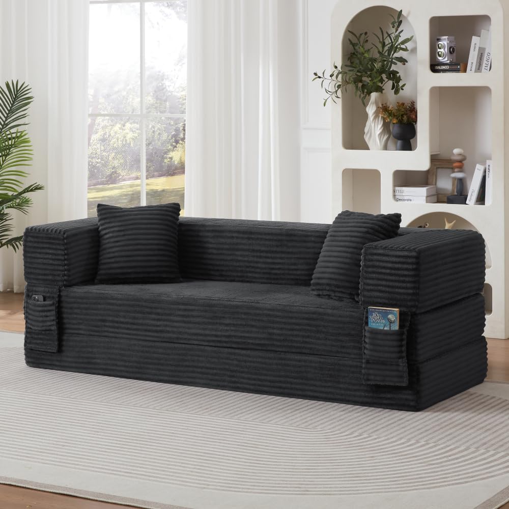 Sapgaks Sofá Convertible, Sofá Cama, Sofá 2 Plazas sin Marco, Sofá Plegable de Compresión, Diseño Cuadrado Clásico, No requiere Montaje (Verde-1)