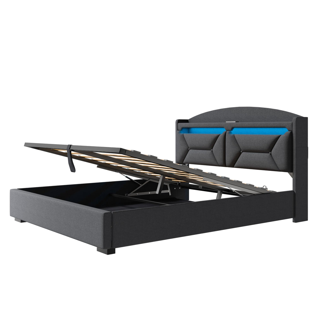 Cama 90x200 cm con Almacenamiento, Cama Individual con LED, Puertos USB y Type-C, Somier 90x200 Hidráulico, Camas Juveniles Camas Infantiles con Cabecero, Lino, Beige, Colchón No Incluido