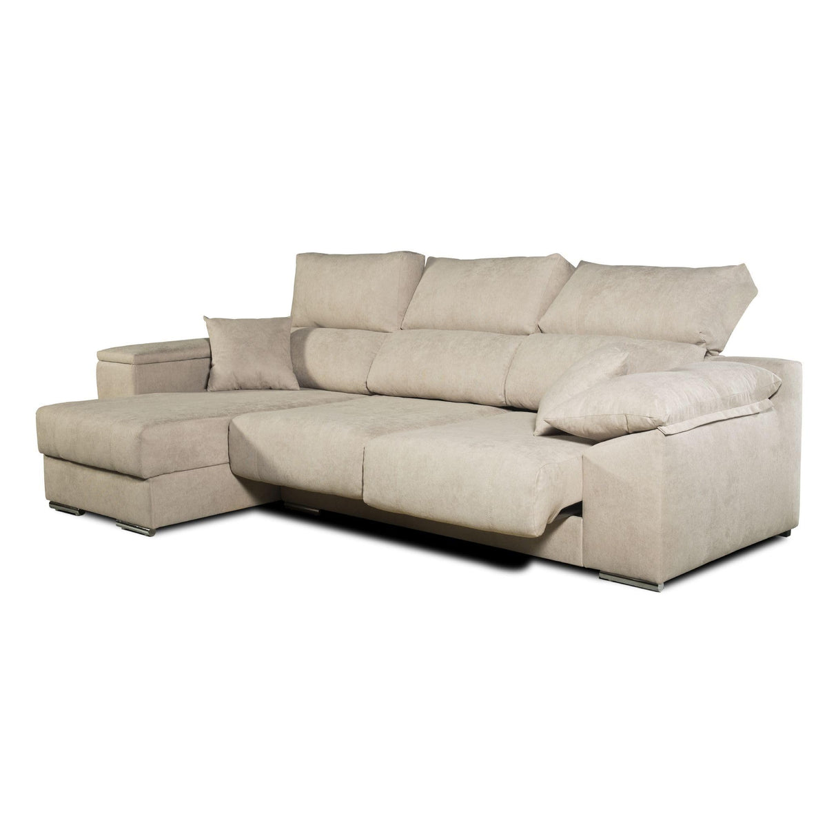 Sofá Chaise Longue Corsa Moderno y Contemporáneo | Confort Máximo con Asientos Deslizantes y Respaldos Reclinables | Tela Antimanchas Aqualine, Arcón de Almacenaje, Hecho en España – Beige Derecha