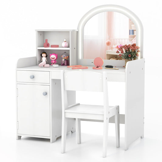 LIFEZEAL 2 en 1 Set de Tocador Niños, Tocador Infantil con Cajón y Estante, Mesa de Maquillaje con Espejo LED y Taburete, para Niñas a Partir de 3 Años