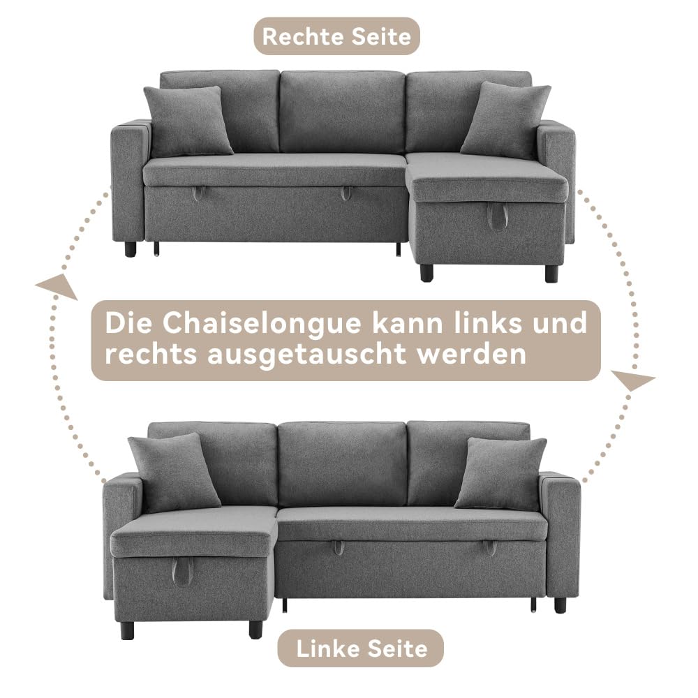 Sofá esquinero extensible en forma de L con puerto USB y portavasos, sofá cama de 4 plazas con función cama, sofá convertible con espacio de almacenamiento y reposabrazos, cojines, chenilla