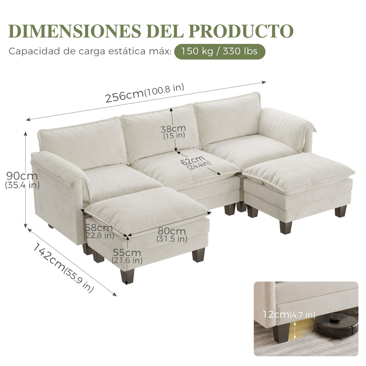 ELUCHANG Sofá Nube Modular 256cm, Sofá de 3 Plazas con Asiento Profundo 62cm, Montaje sin Herramientas, Sofá Moderno de Chenilla para Salón y Habitación, Gris Perla