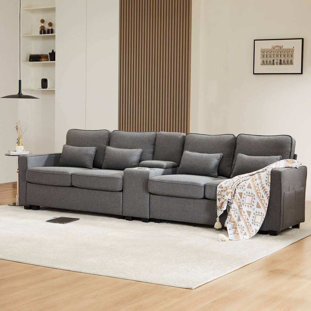 Lubvtti Sofá moderno de 4 plazas con bolsillos para reposabrazos y 4 cojines, con consola, 2 portavasos y 2 enchufes USB, de lino, adecuado para muchas ocasiones (Dark Gris+USB)
