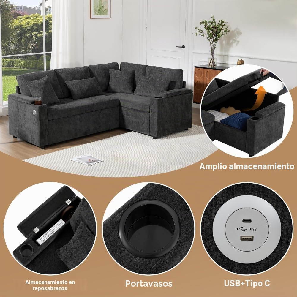 Sofá esquinero extensible en forma de L con puerto USB y portavasos, sofá cama de 4 plazas con función cama, sofá convertible con espacio de almacenamiento y reposabrazos, cojines, chenilla