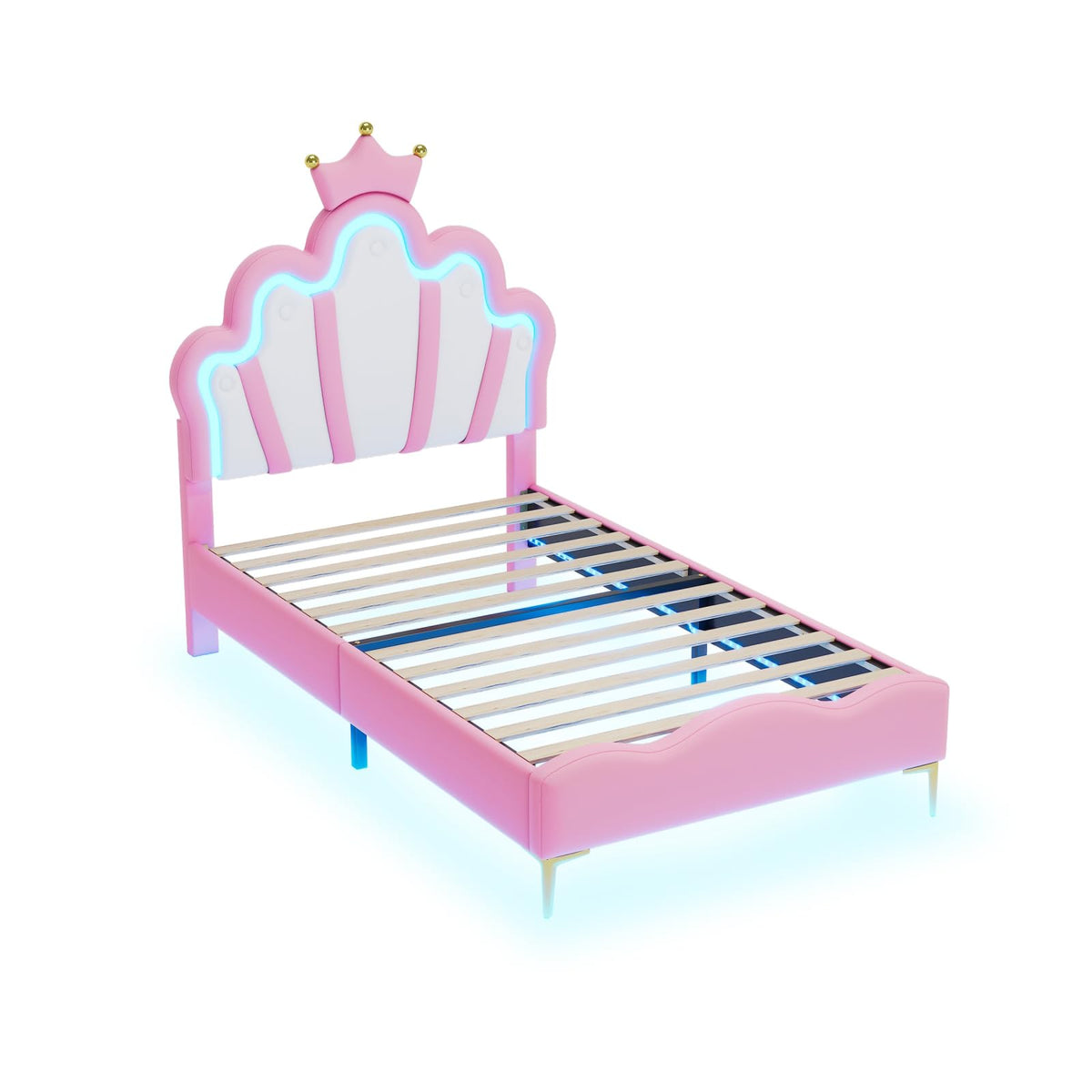 LIVLUX Cama Tapizada 90 x 200 cm, Cama Princesa con Cabezal LED Ajustable y Somier de Lamillas, Cama para Niña, Diseño en Forma de Corona para Niños y Adolescentes (Rosa, 90 x 200 cm)