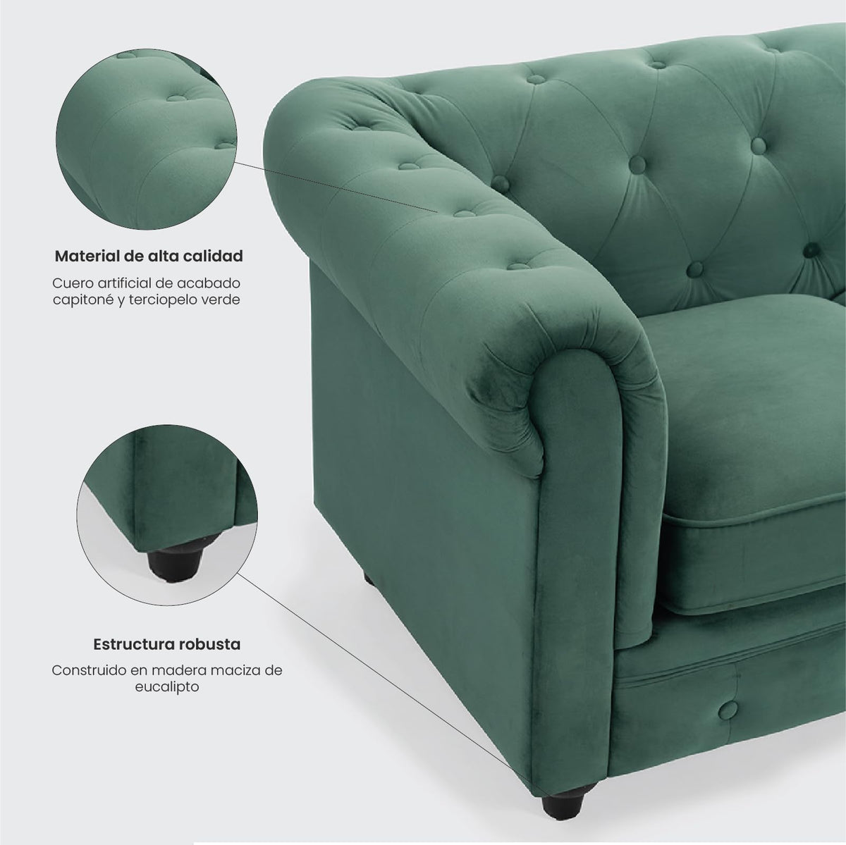 Sofá Chesterfield 3 Plazas | Terciopelo Verde Vintage