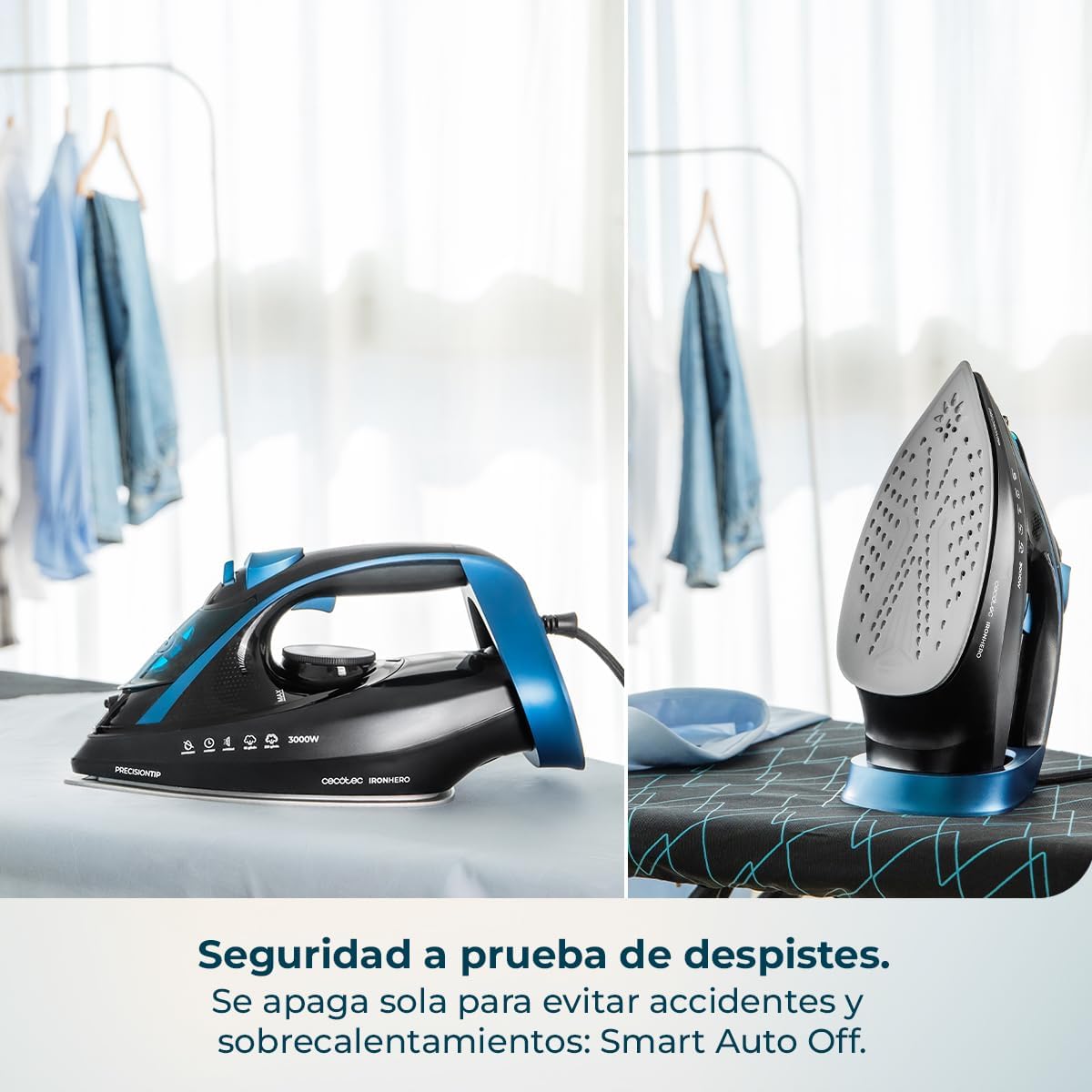 Cecotec Plancha de Ropa IronHero H-3000 Ceramic. Gran Potencia de 3000 W, Calentamiento Rápido, Suela Cerámica XXL, Elimina Arrugas Difíciles, Sistema Antical, Antigoteo y Apagado Automático