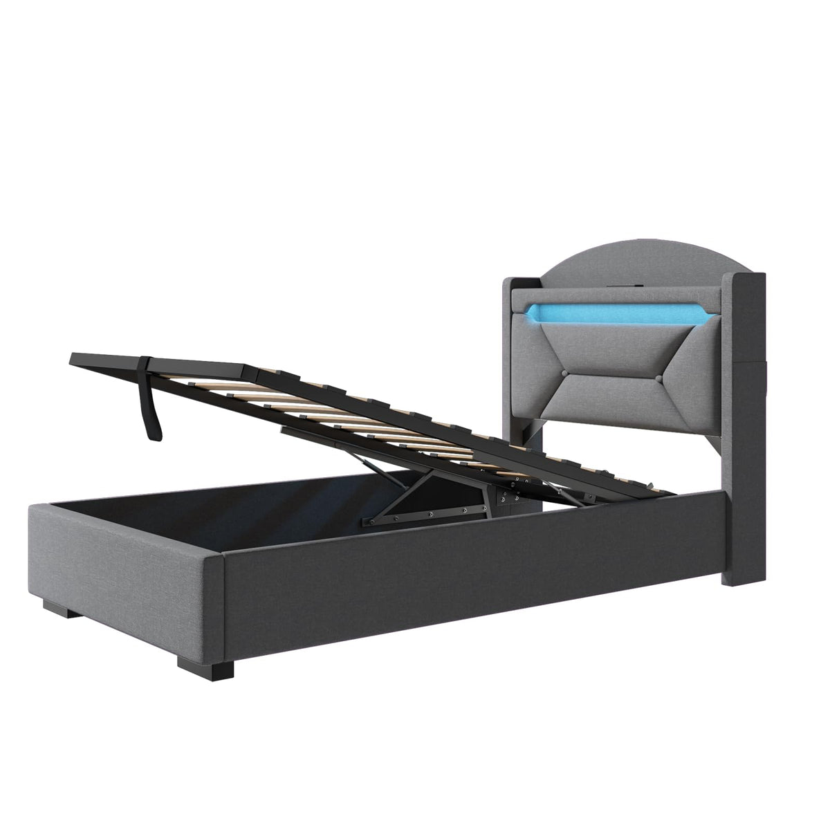 Cama 90x200 cm con Almacenamiento, Cama Individual con LED, Puertos USB y Type-C, Somier 90x200 Hidráulico, Camas Juveniles Camas Infantiles con Cabecero, Lino, Beige, Colchón No Incluido