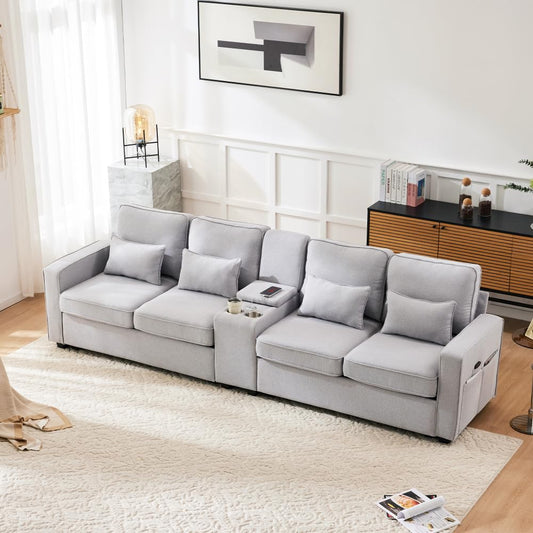 Lubvtti Sofá moderno de 4 plazas con bolsillos para reposabrazos y 4 cojines, con consola, 2 portavasos y 2 enchufes USB, de lino, adecuado para muchas ocasiones (Dark Gris+USB)