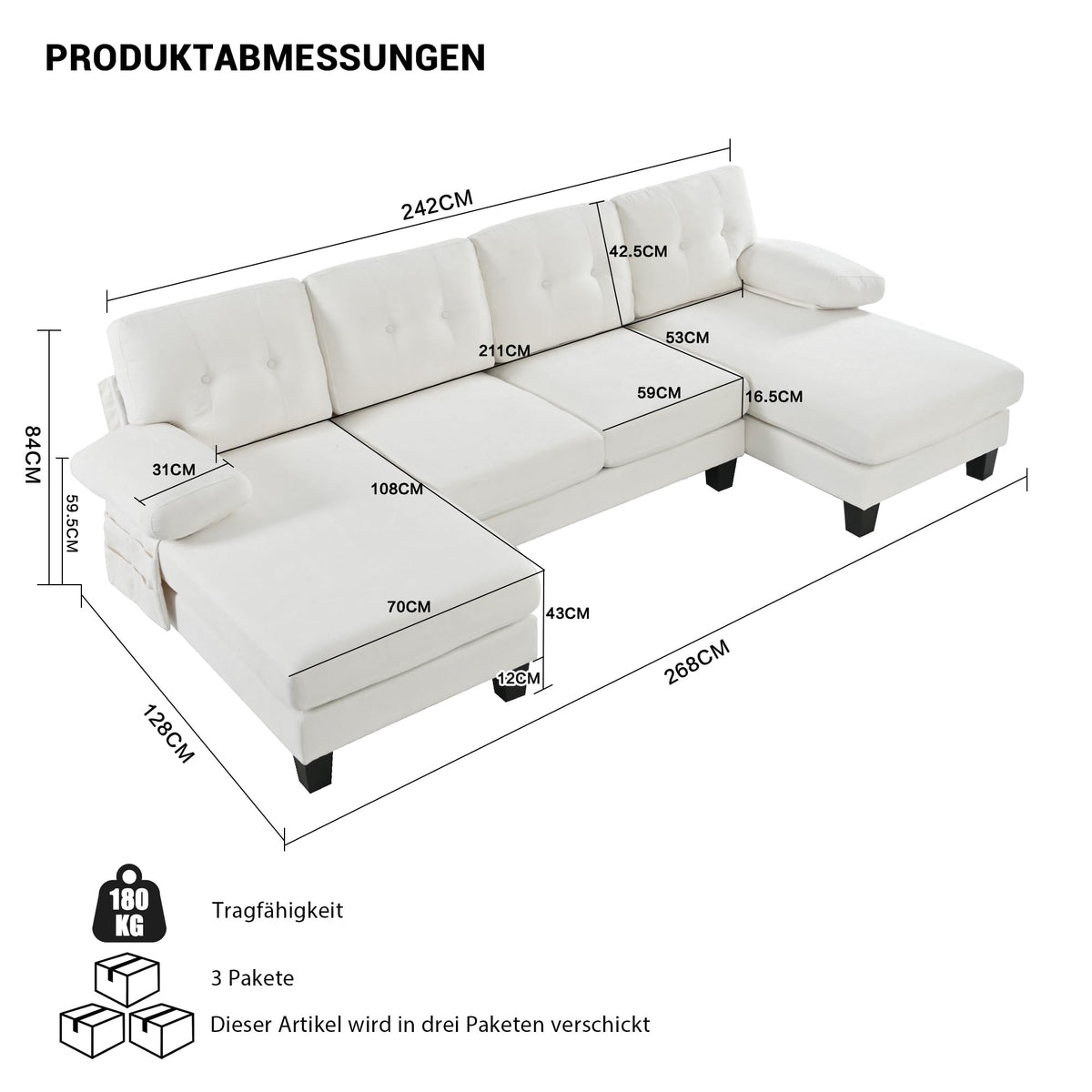 Sofá modular de 6 plazas, sofá esquinero en forma de L/U, puertos USB/tipo C, portavasos y espacio de almacenamiento, tela de chenilla, 7 cojines, salón, dormitorio y oficina, color beige