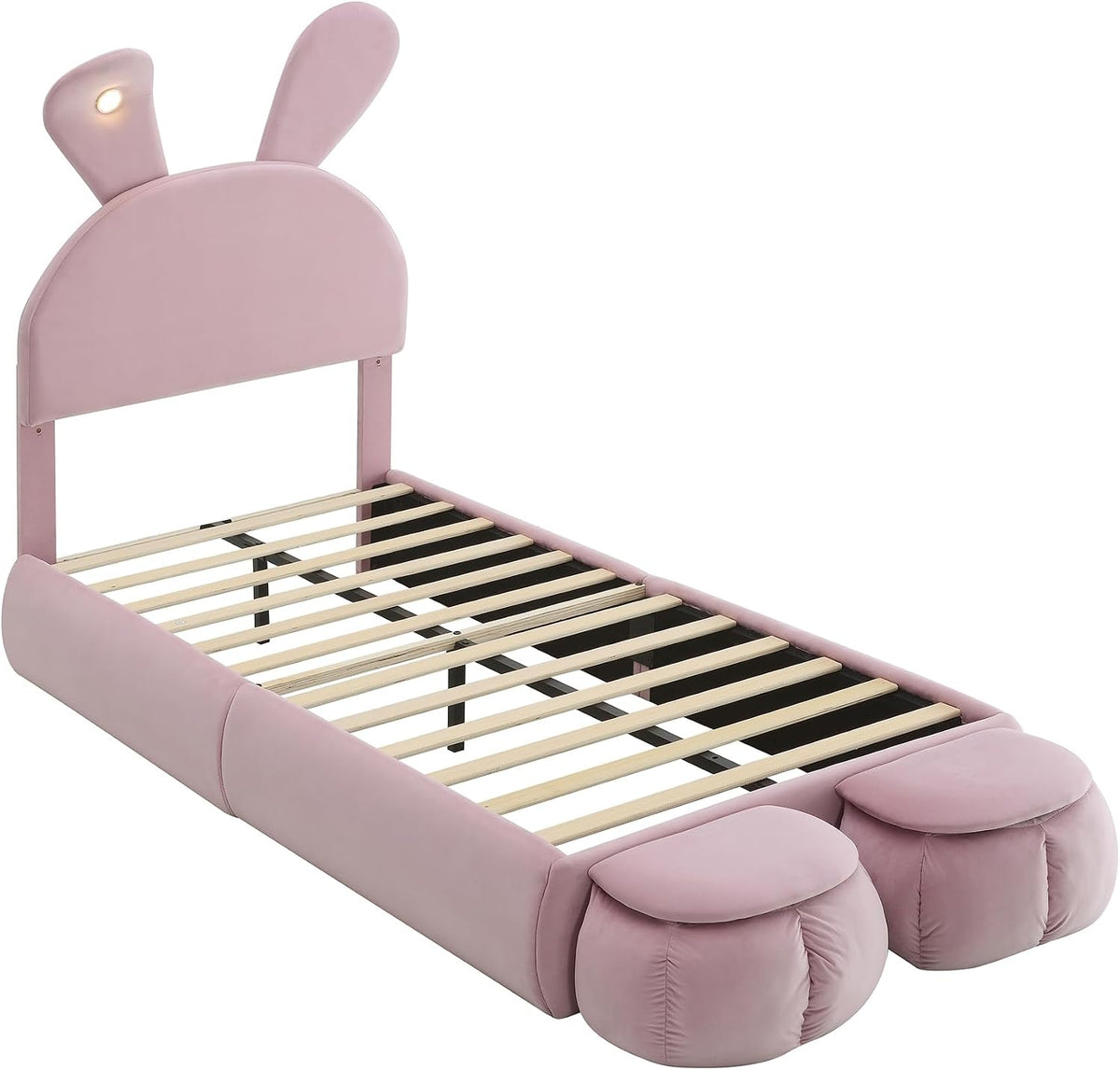 Soweiz Cama tapizada, cama individual, con orejas de conejo y tiras de luz de color cálido con brillo ajustable, con dos cajones de almacenamiento, cama infantil con somier de madera, terciopelo