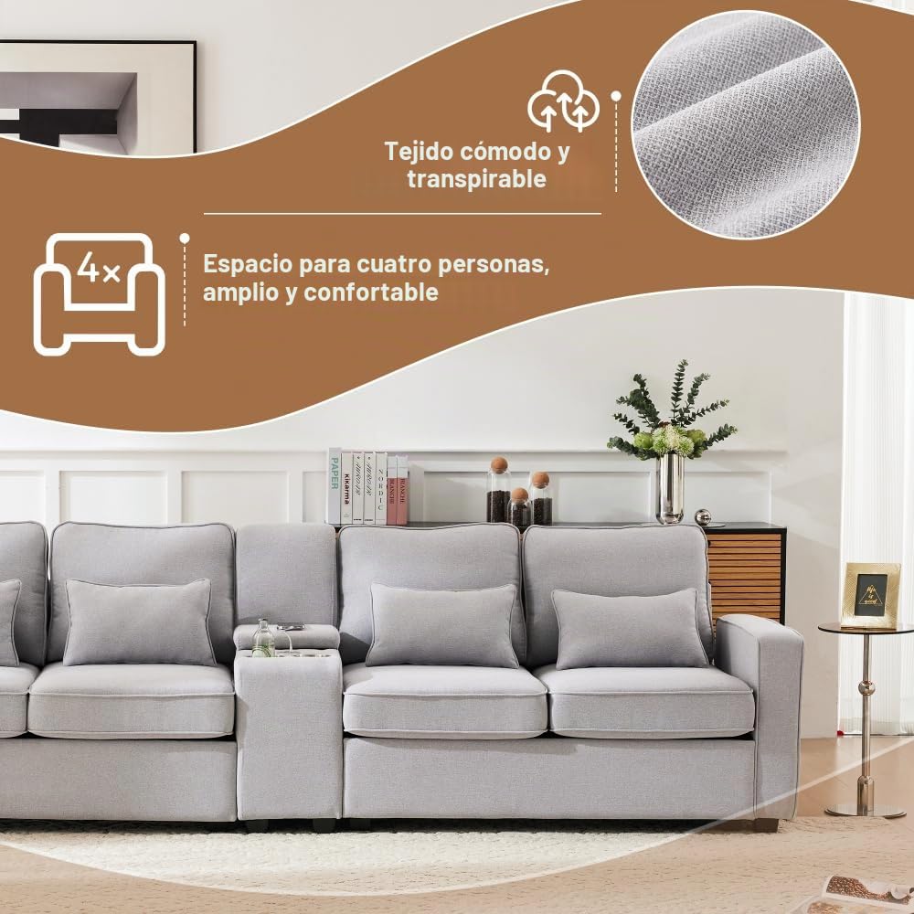 Lubvtti Sofá moderno de 4 plazas con bolsillos para reposabrazos y 4 cojines, con consola, 2 portavasos y 2 enchufes USB, de lino, adecuado para muchas ocasiones (Dark Gris+USB)