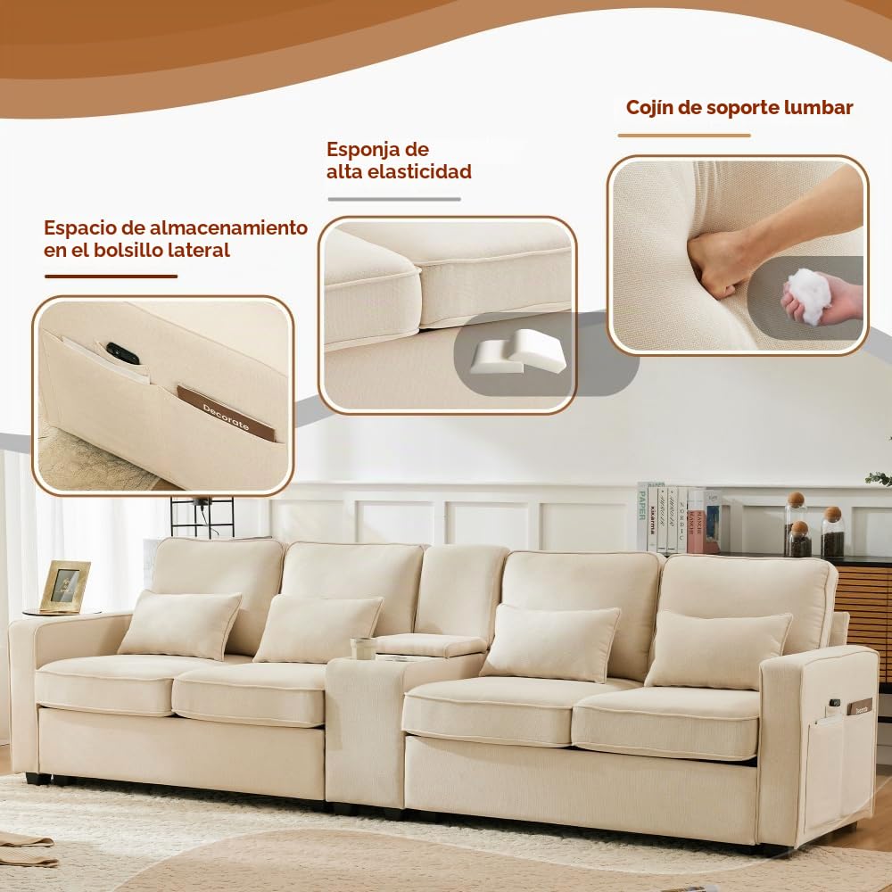 Lubvtti Sofá moderno de 4 plazas con bolsillos para reposabrazos y 4 cojines, con consola, 2 portavasos y 2 enchufes USB, de lino, adecuado para muchas ocasiones (Dark Gris+USB)