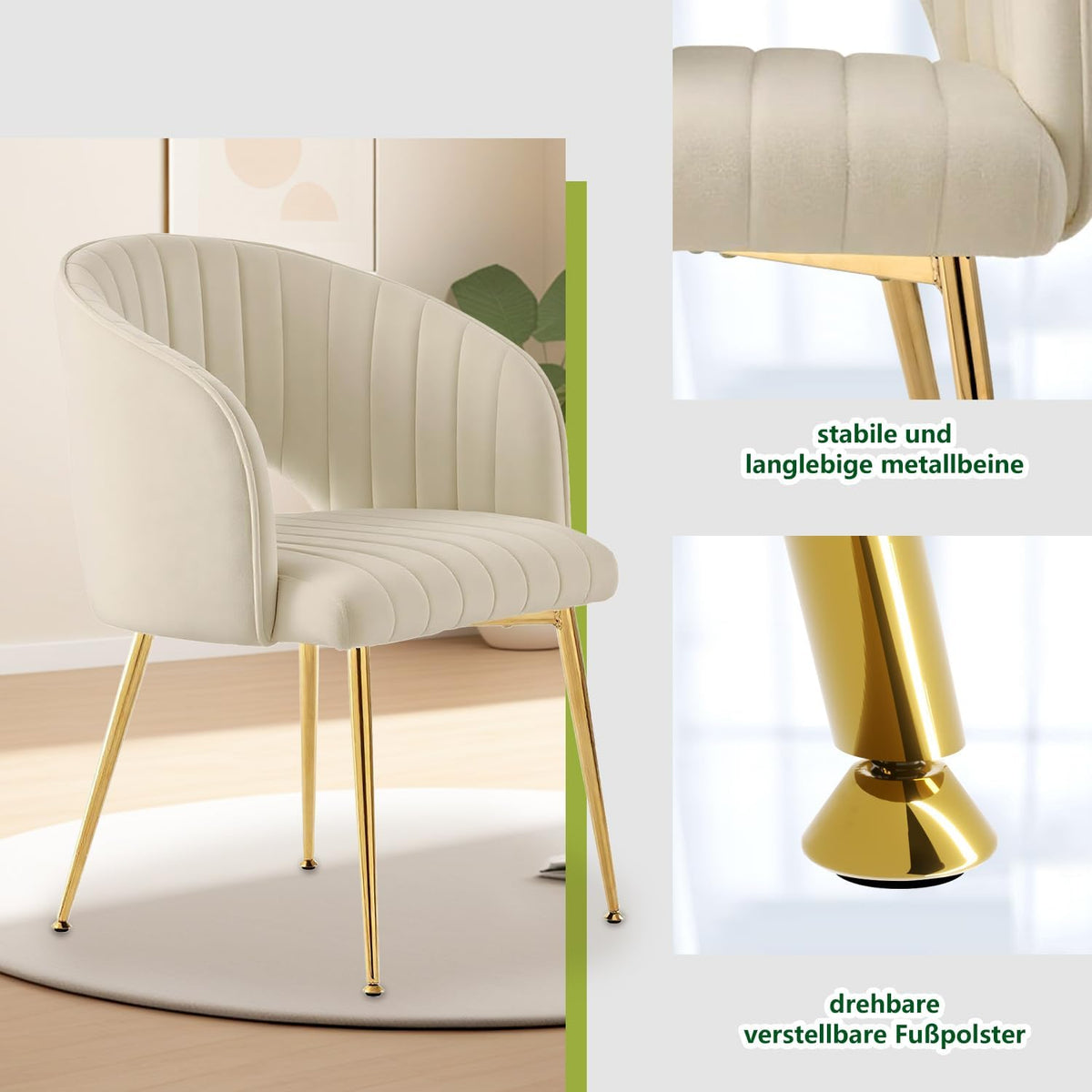 Juego de 6 sillas de comedor de terciopelo, sillas tapizadas con reposabrazos, patas doradas, sillas de cocina, para salón, dormitorio, oficina (6, blanco crema)