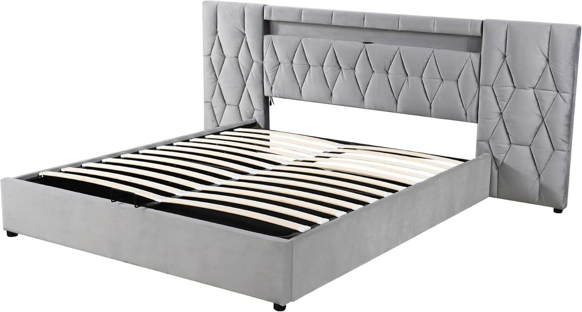 Elegante cama tapizada de 160 x 200 cm, con respaldo grande, cama de terciopelo con LED y enchufe USB, cama clásica, sistema de almacenamiento hidráulico (gris)