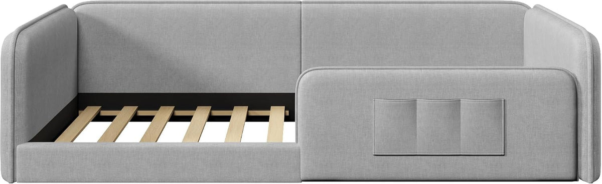 Cama con plataforma 90 x 200 cm con funda de lino suave, acolchado de espuma con marco de seguridad integral, color gris