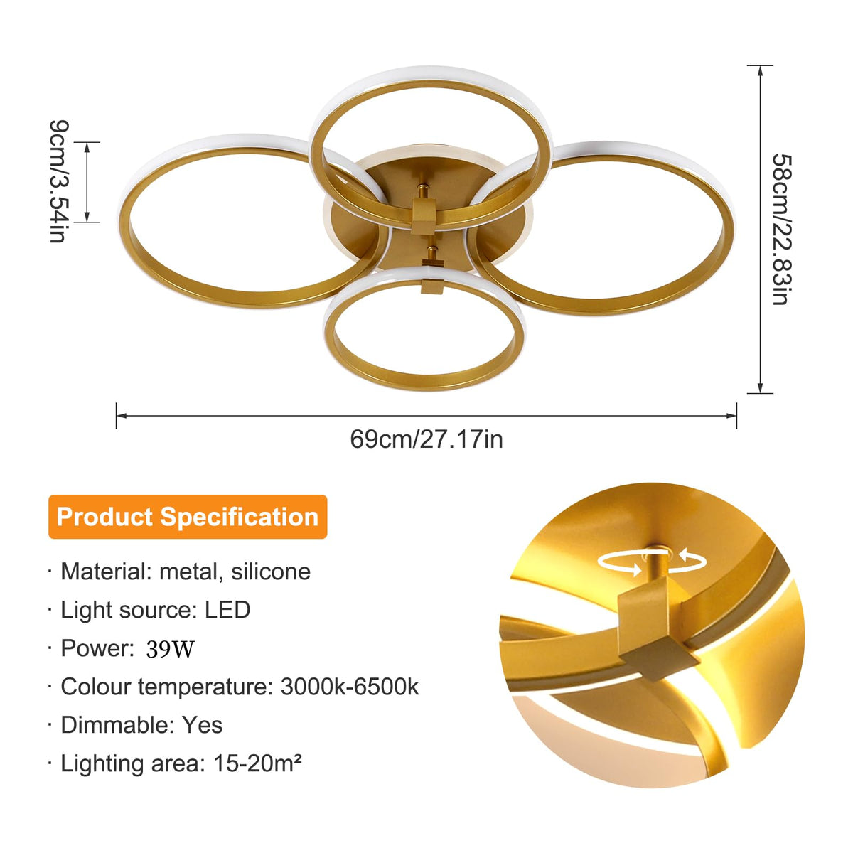 Riserva Plafon Techo LED Regulable 48W, Forma de Corazón, 3000K-6500K, Oro