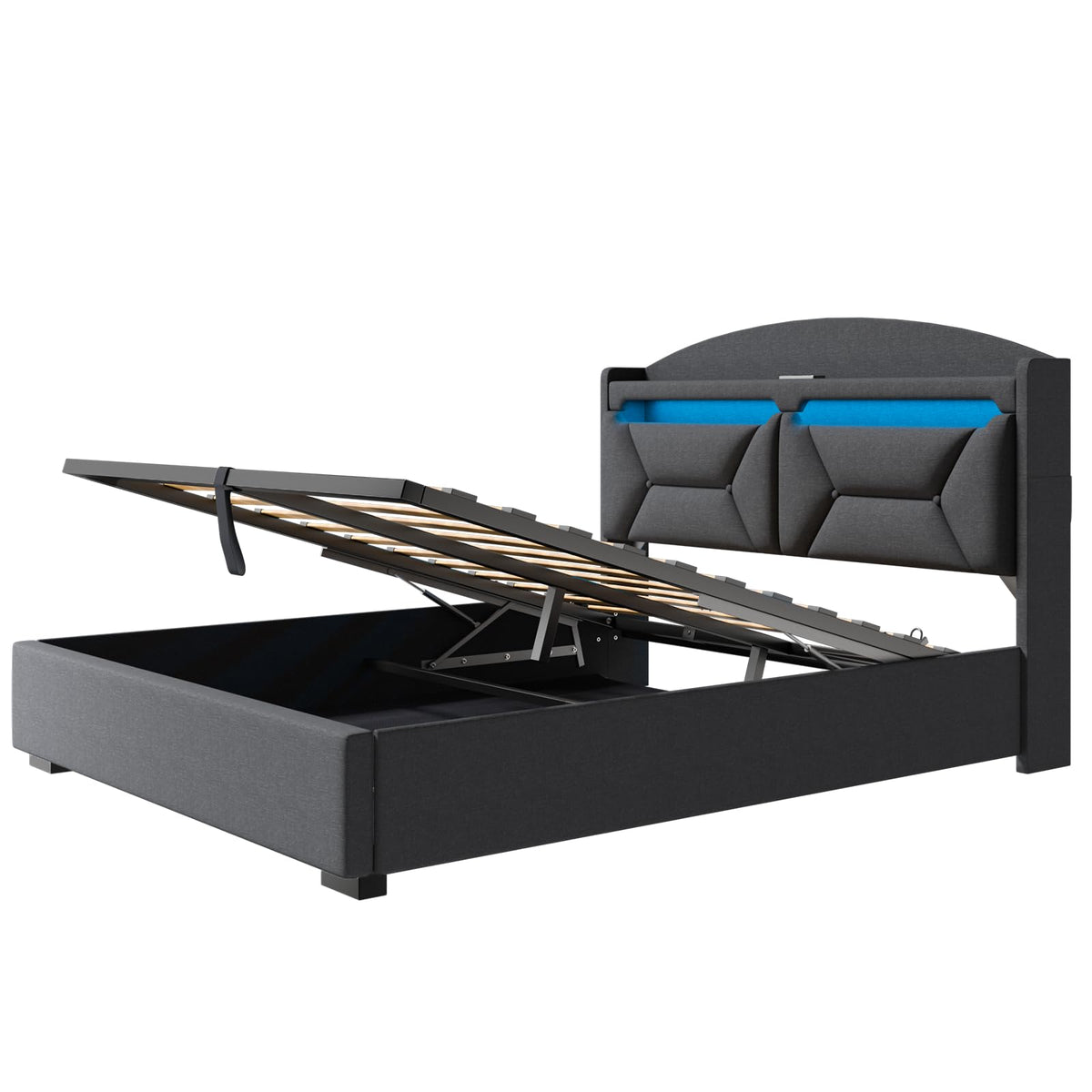 Cama 90x200 cm con Almacenamiento, Cama Individual con LED, Puertos USB y Type-C, Somier 90x200 Hidráulico, Camas Juveniles Camas Infantiles con Cabecero, Lino, Beige, Colchón No Incluido