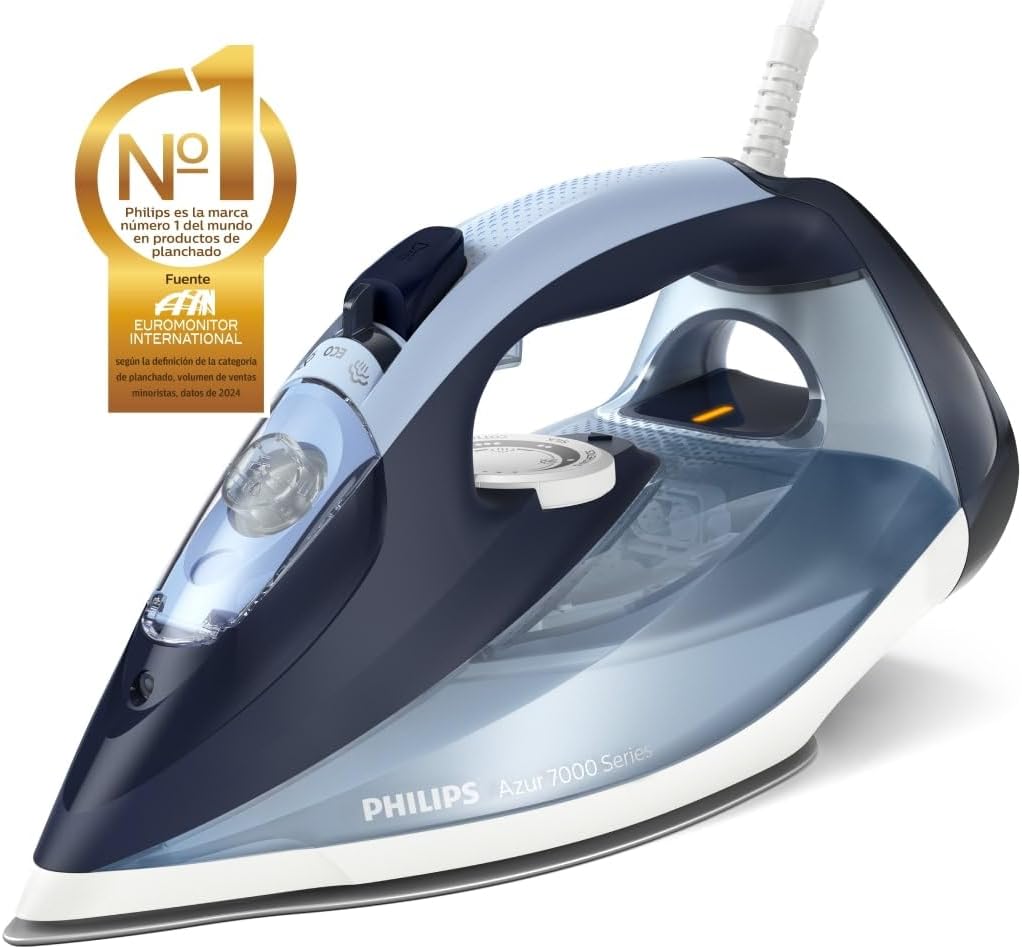 Philips Azur Series 7000 Plancha de vapor - 2800 W, 50 g/min de vapor continuo, 250g de golpe de vapor, vapor vertical, suela SteamGlide Plus, Louros/Algodón Azul (DST7020/20)