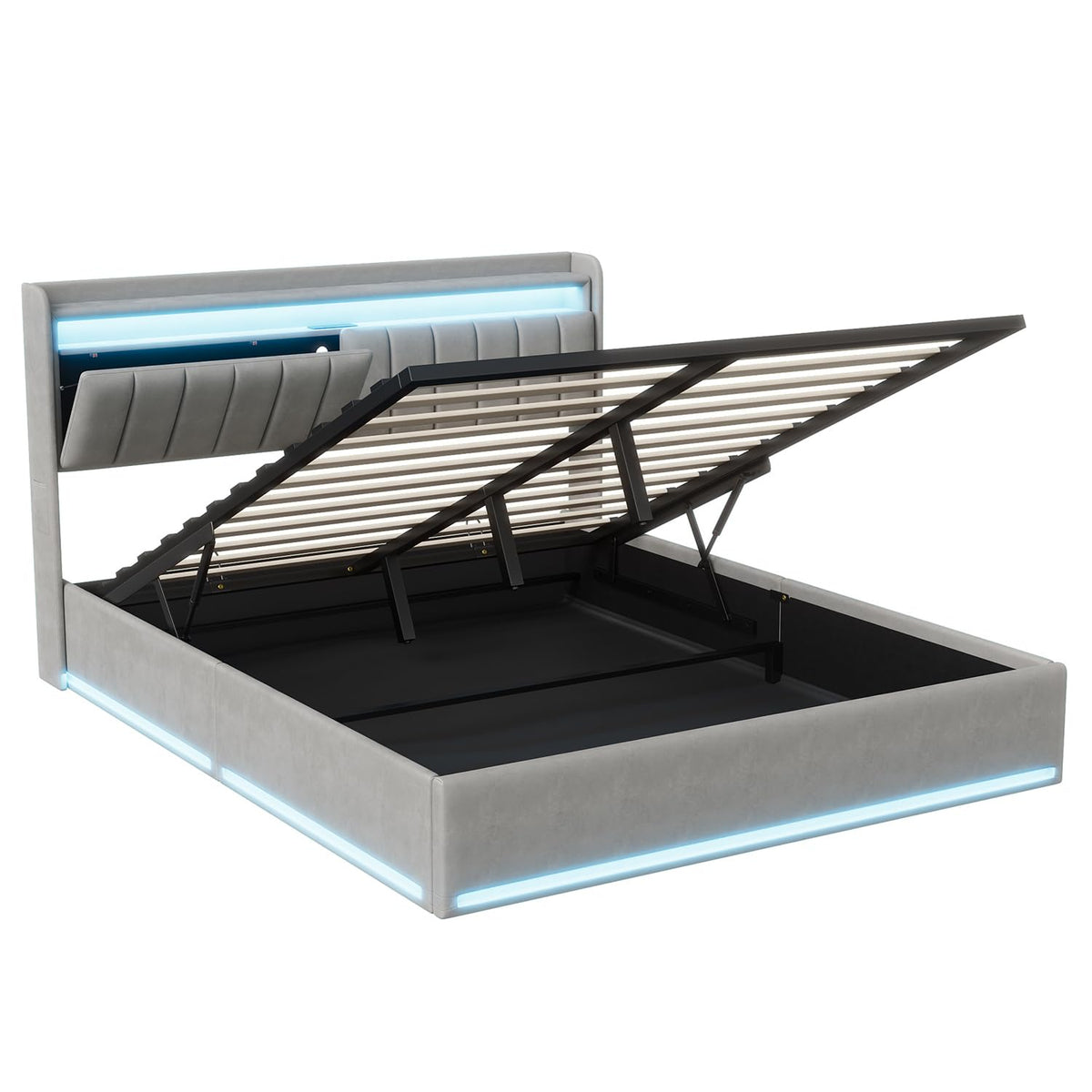 Cama tapizada de 160 x 200 cm, cama doble LED con espacio de almacenamiento, cabecero y función de carga USB C, cama de almacenamiento hidráulico, respaldo con somier de láminas de madera