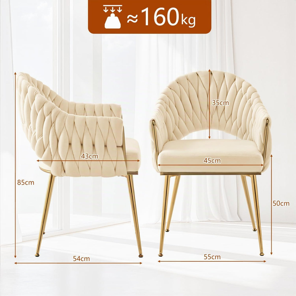 Juego de 4 sillas de comedor de terciopelo, sillones de salón, sillas de comedor con reposabrazos, sillas de cocina con respaldo alto trenzado a mano, silla de tocador con patas doradas