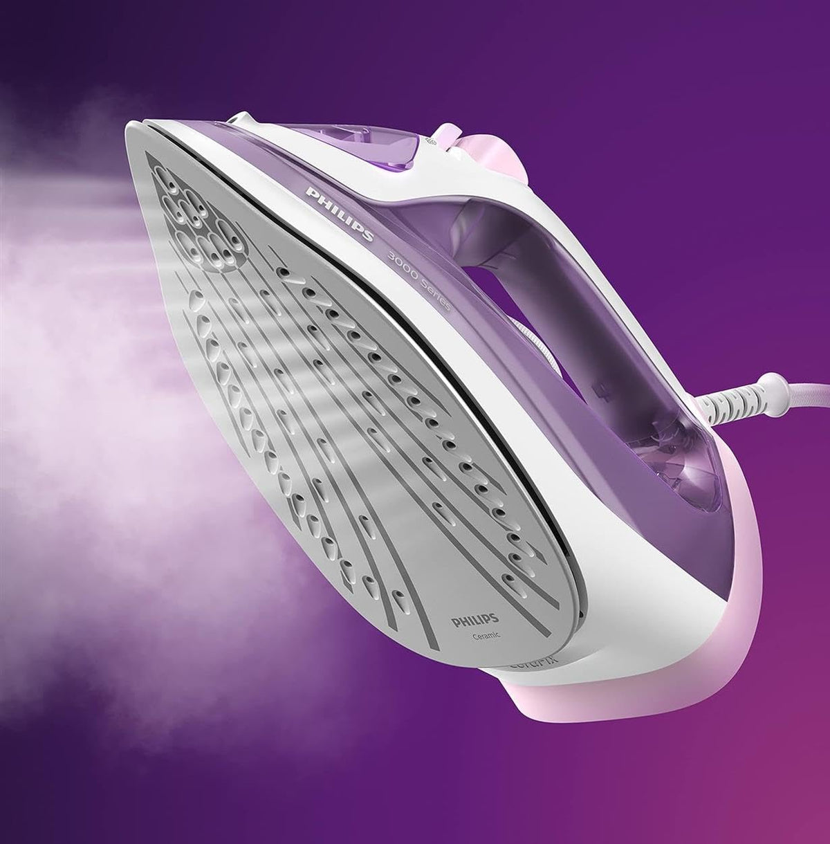 Philips Serie 5000 Plancha de Vapor, 2400W de Potencia, 45g/min, Golpe de Vapor 180g, Vapor Vertical, Suela SteamGlide Plus, Negro/Púrpura (DST5030/80)