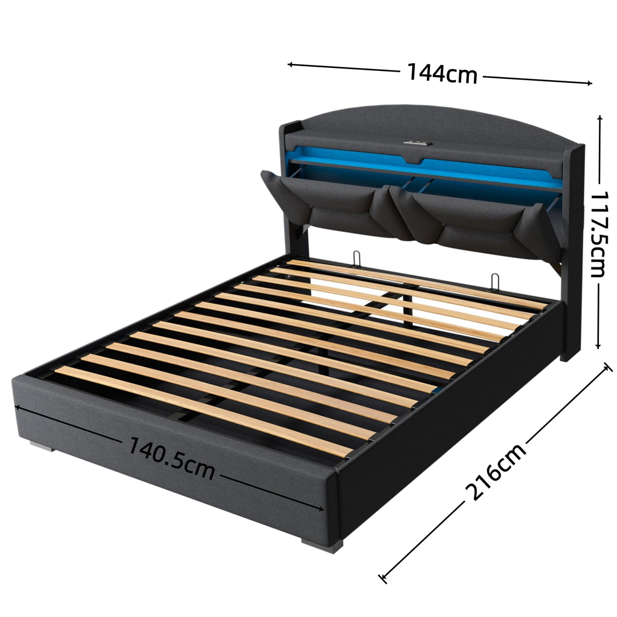 Cama 90x200 cm con Almacenamiento, Cama Individual con LED, Puertos USB y Type-C, Somier 90x200 Hidráulico, Camas Juveniles Camas Infantiles con Cabecero, Lino, Beige, Colchón No Incluido