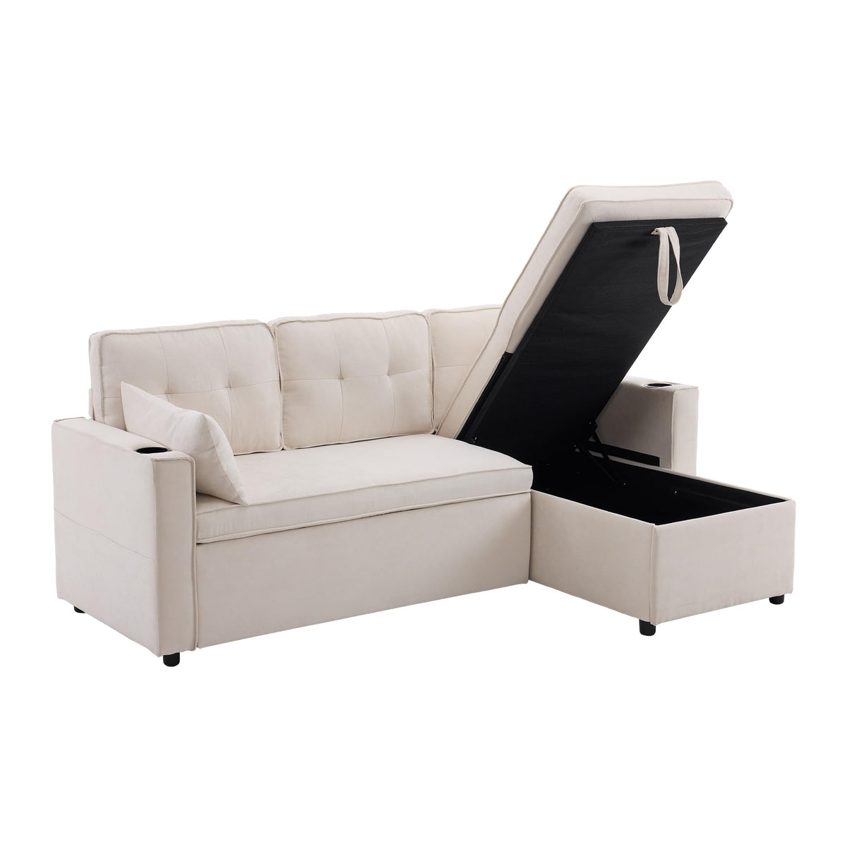 Sofá esquinero extensible en forma de L con puerto USB y portavasos, sofá cama de 4 plazas con función cama, sofá convertible con espacio de almacenamiento y reposabrazos, cojines, chenilla