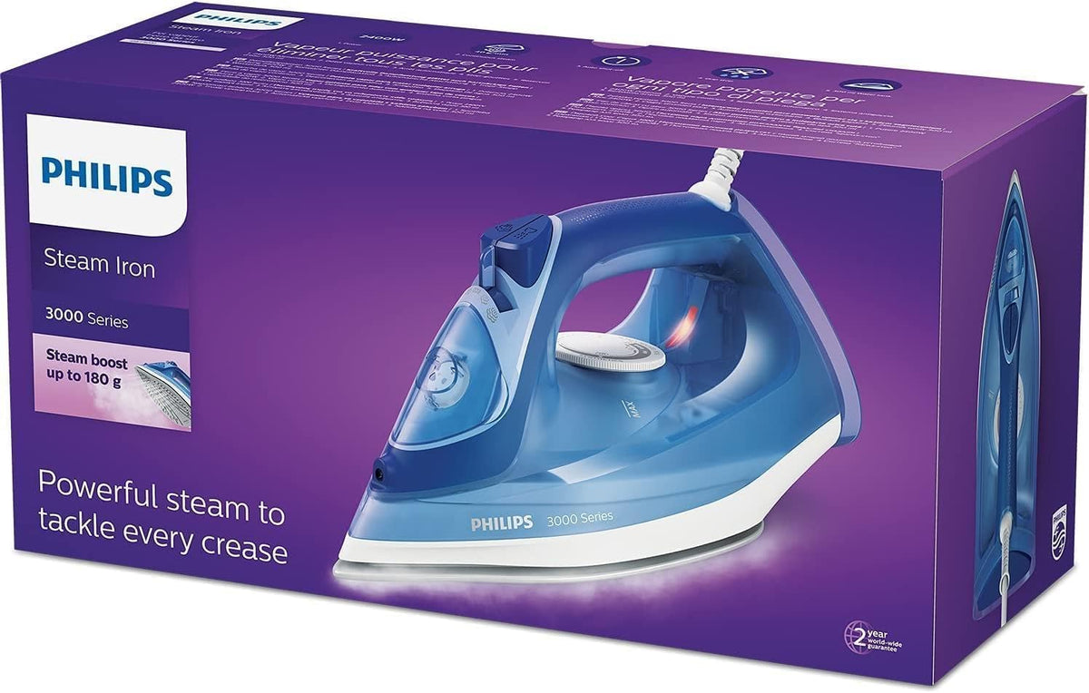Philips 3000 Plancha de Vapor, Potencia de 2400W, depósito 300 ml, Azul