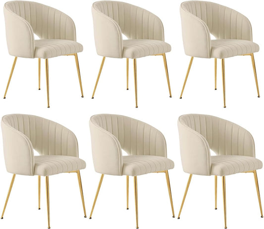Juego de 6 sillas de comedor de terciopelo, sillas tapizadas con reposabrazos, patas doradas, sillas de cocina, para salón, dormitorio, oficina (6, blanco crema)