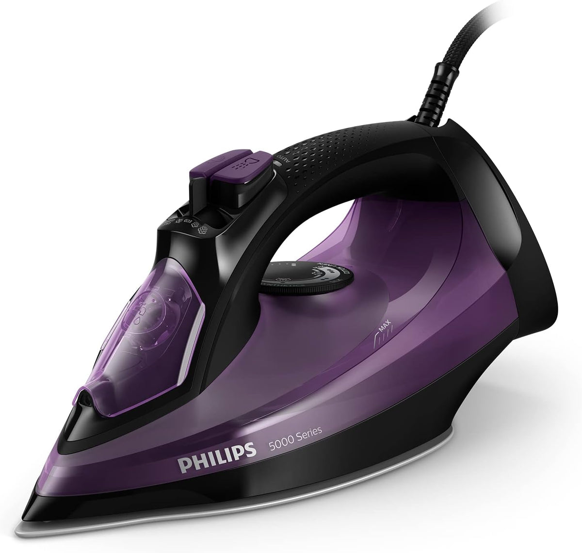 Philips Serie 5000 Plancha de Vapor, 2400W de Potencia, 45g/min, Golpe de Vapor 180g, Vapor Vertical, Suela SteamGlide Plus, Negro/Púrpura (DST5030/80)