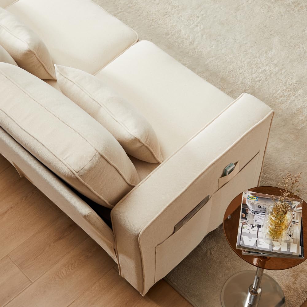 Lubvtti Sofá moderno de 4 plazas con bolsillos para reposabrazos y 4 cojines, con consola, 2 portavasos y 2 enchufes USB, de lino, adecuado para muchas ocasiones (Dark Gris+USB)