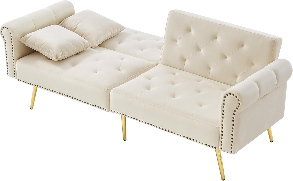 Sofá cama moderno de 2 plazas, tapizado en terciopelo, respaldo ajustable en 3 niveles y patas de metal doradas, elegante sofá con función de dormir, ahorra espacio, resistente, 173 x 75 x 70 cm