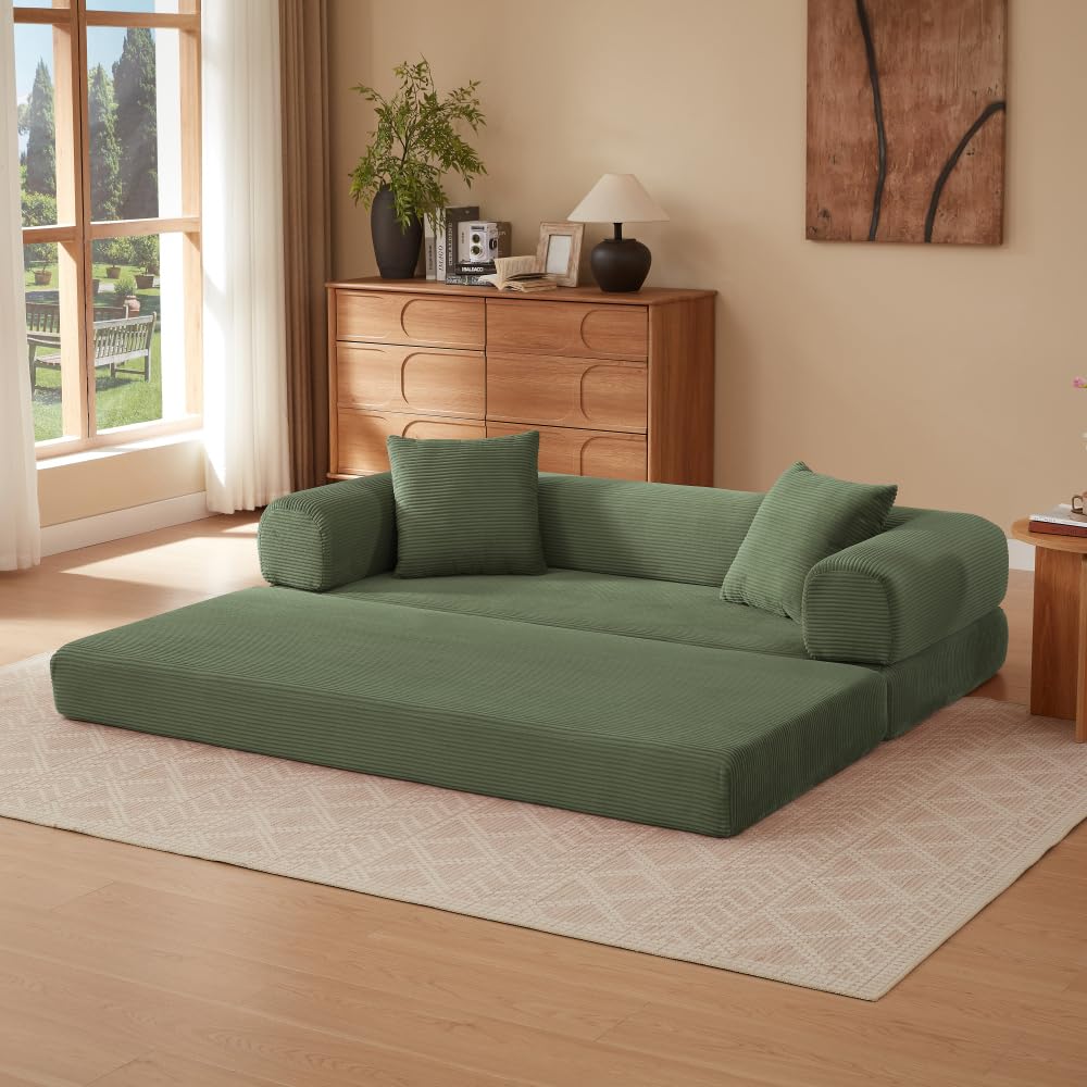 Sapgaks Sofá Convertible, Sofá Cama, Sofá 2 Plazas sin Marco, Sofá Plegable de Compresión, Diseño Cuadrado Clásico, No requiere Montaje (Verde-1)