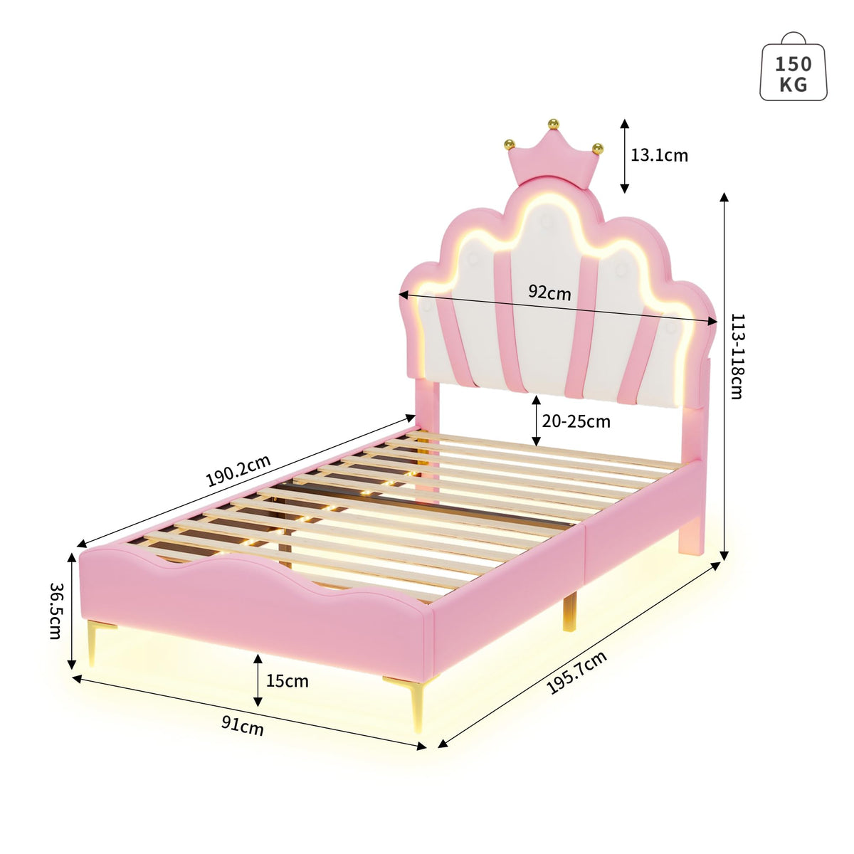 Cama Infantil tapizada 140 x 200 cm con LED, Cama tapizada para niños 140 x 200 con cabecera Ajustable Marco de Camas, Camas de Princesa para Niña en Forma de Corona con Somier(Rosa, 140 x 200)