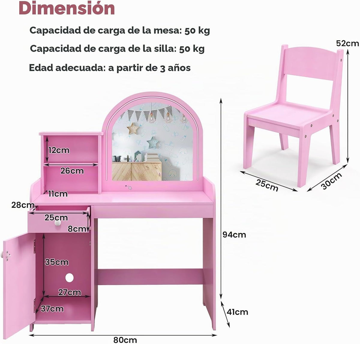 LIFEZEAL 2 en 1 Set de Tocador Niños, Tocador Infantil con Cajón y Estante, Mesa de Maquillaje con Espejo LED y Taburete, para Niñas a Partir de 3 Años