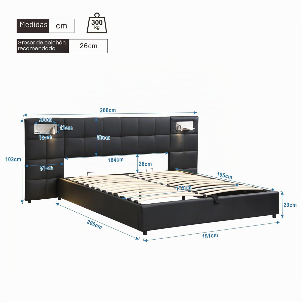 Cama 180x200 cm Camas Matrimoniales con LED y Lámpara de Noche, Cama Doble Tapizada con USB y Cabecero Ancho, Almacenaje Hidráulico, Soporte de Lamas de Madera, Terciopelo, Sin Colchón, Gris