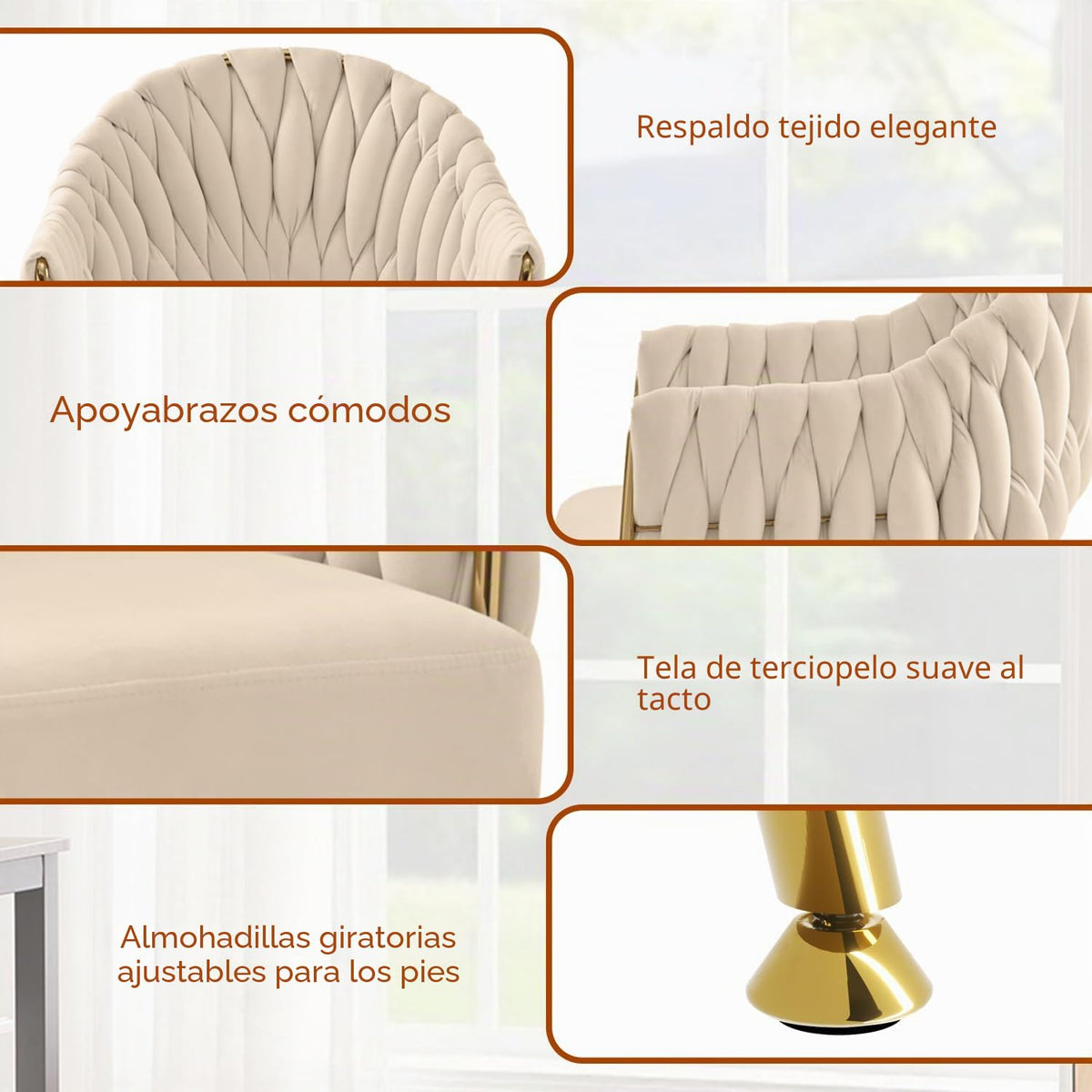 Juego de 4 sillas de comedor de terciopelo, sillones de salón, sillas de comedor con reposabrazos, sillas de cocina con respaldo alto trenzado a mano, silla de tocador con patas doradas