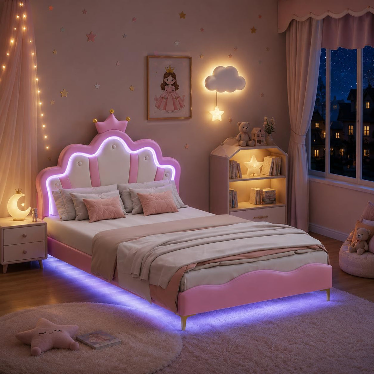 LIVLUX Cama Tapizada 90 x 200 cm, Cama Princesa con Cabezal LED Ajustable y Somier de Lamillas, Cama para Niña, Diseño en Forma de Corona para Niños y Adolescentes (Rosa, 90 x 200 cm)