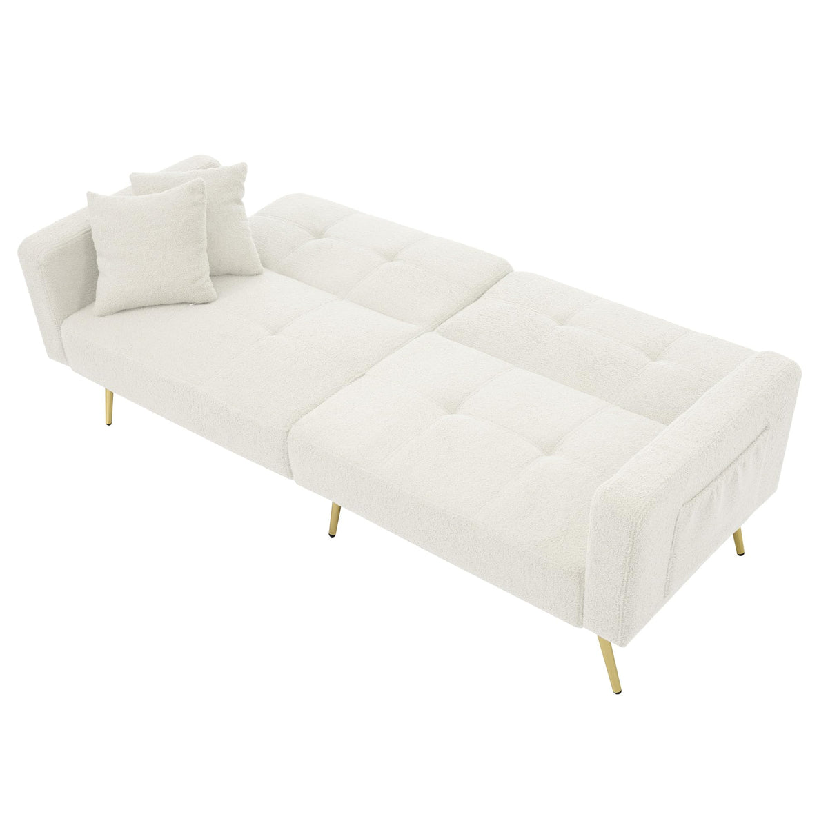 Sofá cama con esquinas ajustables, patas doradas, almohadas y bolsillos laterales para almacenamiento (Bavia)