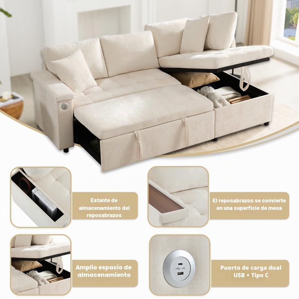 Sofá esquinero extensible en forma de L con puerto USB y portavasos, sofá cama de 4 plazas con función cama, sofá convertible con espacio de almacenamiento y reposabrazos, cojines, chenilla