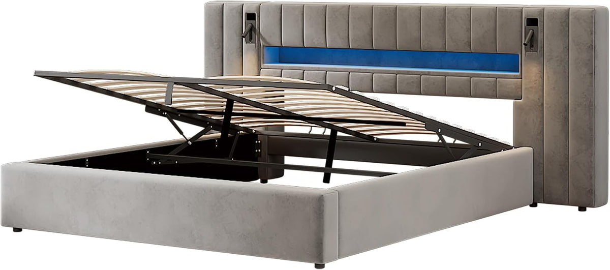 Cama 180x200 cm Camas Matrimoniales con LED y Lámpara de Noche, Cama Doble Tapizada con USB y Cabecero Ancho, Almacenaje Hidráulico, Soporte de Lamas de Madera, Terciopelo, Sin Colchón, Gris