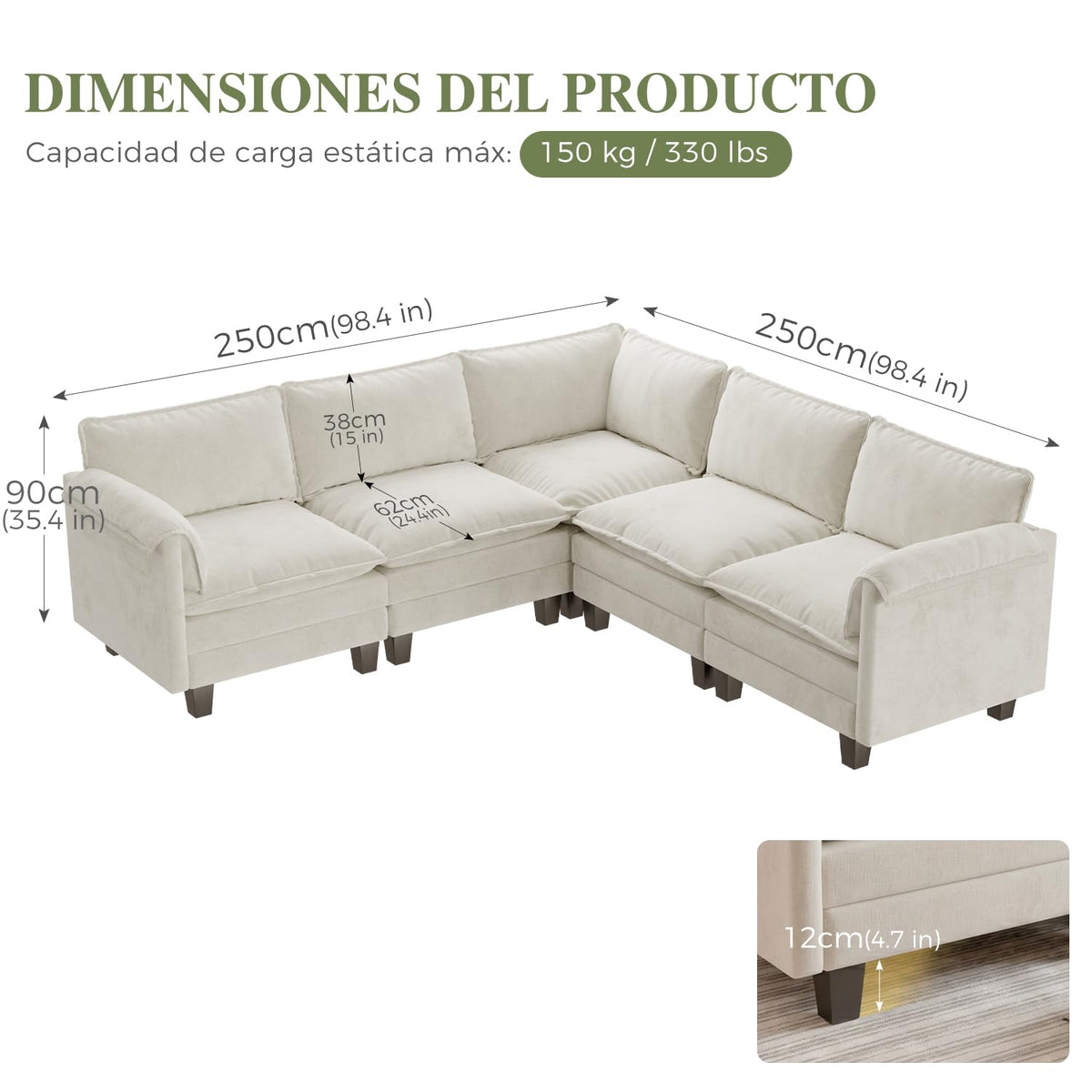 ELUCHANG Sofá Nube Modular 256cm, Sofá de 3 Plazas con Asiento Profundo 62cm, Montaje sin Herramientas, Sofá Moderno de Chenilla para Salón y Habitación, Gris Perla