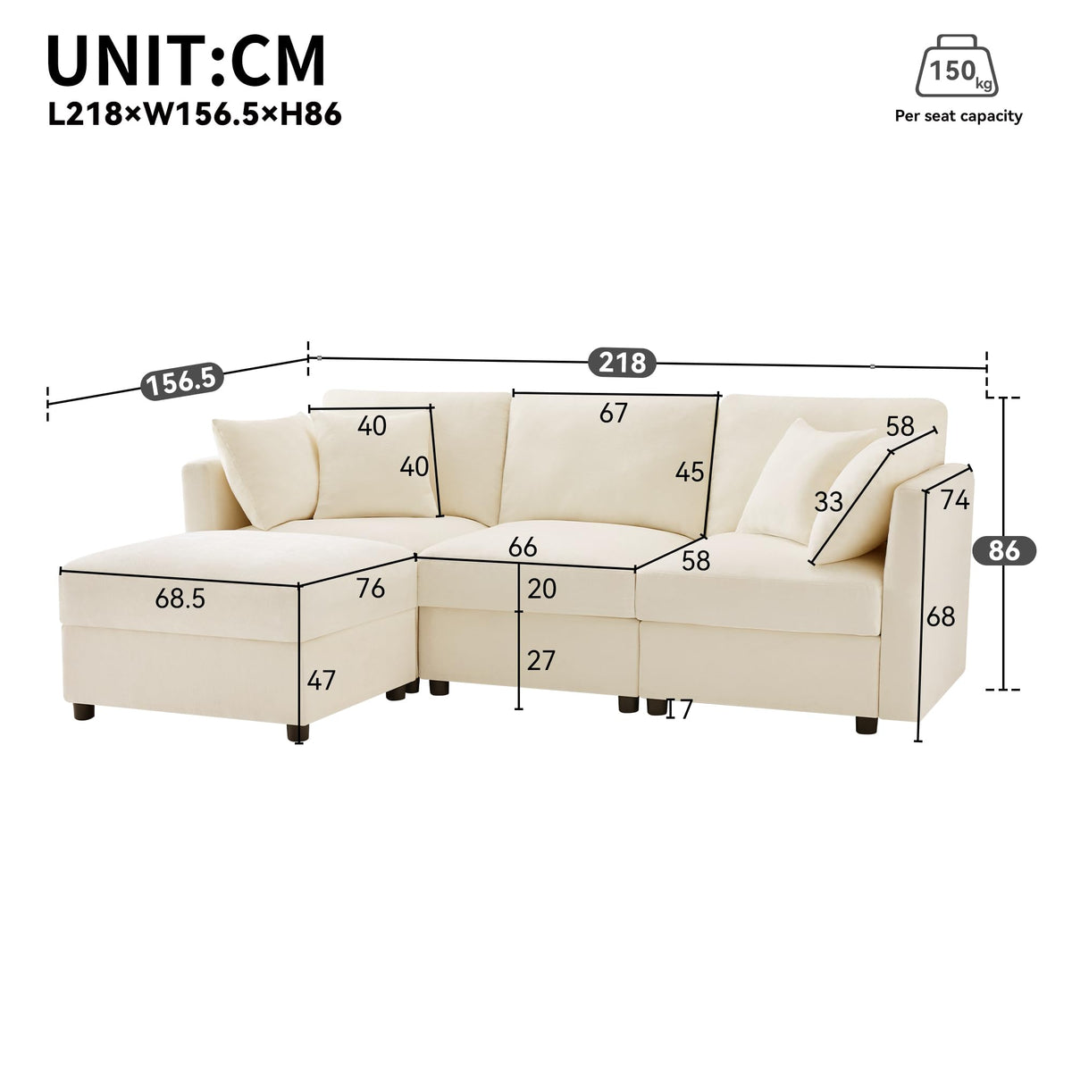 Soweiz Sofá de esquina en forma de L con reposapiés, sofá cama convertible de 3 plazas, 4 cojines, brazos ajustables, tejido chenilla, adecuado para salón/oficina/apartamento, 218 x 156,5 x 86 cm