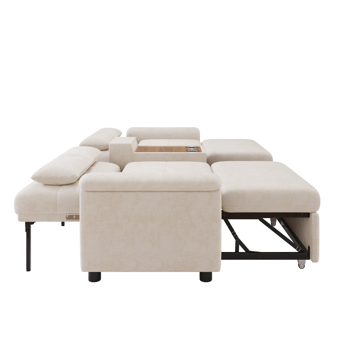 LAKFEW Sofa Cama con Cama Extensible y Taburete Almacenaje, Sofa Rinconera con USB, Lámpara de Lectura, Mesa Plegable con 2 Posavasos, 205x205x85 cm, Gris