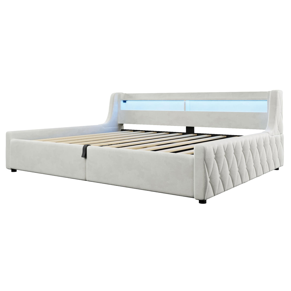 Cama con plataforma de terciopelo 90 x 200 cm, con espacio de almacenamiento hidráulico e iluminación LED (color crema, 90 x 200 cm)